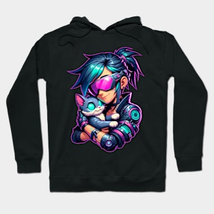 Cyberpunk Girl and Cat Hoodie